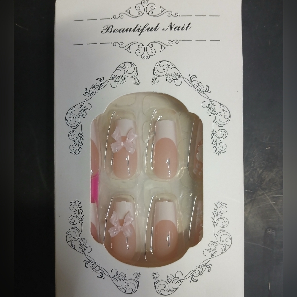 White tip pink bow flower floral press on nails - Picture 2 of 3